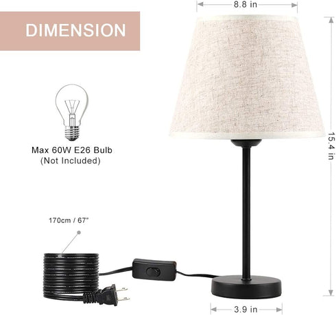 Table Lamp Set of 2, Modern Bedside Table Lamps, Nightstand Lamp Set with Fabric Lamp Shade and Black Metal Base for Bedroom Living Room Kids Room Girls Room Dressers Coffee Table Office College Dorm