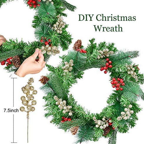 Lvydec 16pcs Christmas Glitter Berries Stems, 7.8" Artificial Christmas Picks for Christmas Tree Ornaments, DIY Xmas Wreath, Crafts, Holiday and Home Decor (Champagne)