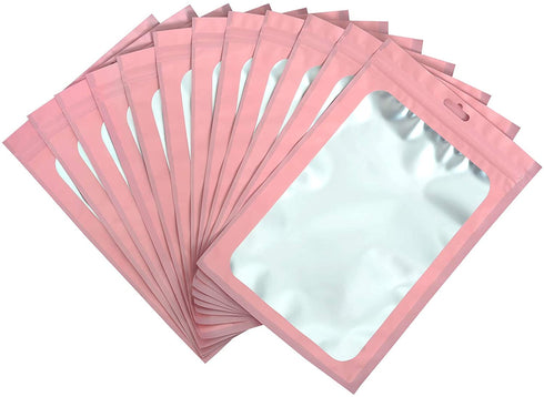 100-pack resealable mylar bags with front window Smell Proof bag packaging pouch bag for lip gloss eyelash cookies sample food jewelry electronics |flat|cute|(Pink, 3.54—4.72 inches)