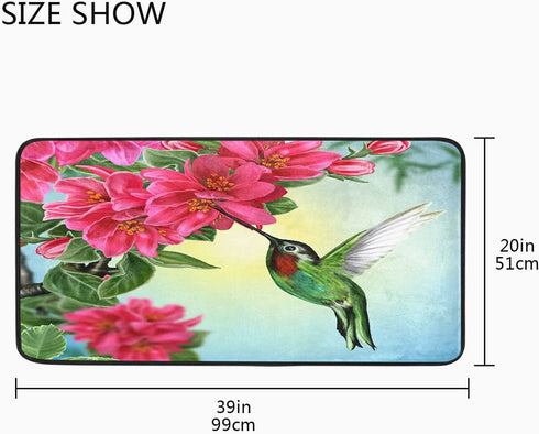 Spring Hummingbird Kitchen Rug Cherry Red Flower Kitchen Mat Summer Blue Sky Floral Leaves Floor Mat Non Slip Area Rugs for Home Decor 39" X 20"