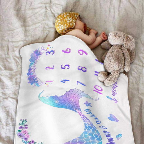 Bonsai Tree Milestone Blanket Baby Girl, Mermaid Baby Monthly Milestone Photo Blanket for Newborn, Thick Fleece Photography Prop for Baby, Includes 1 Frame + 1 Headband, 51?x40?