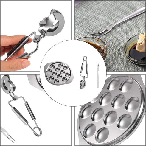 Cabilock Escargot Dining Set 12 Compartment Holes Snail Escargot Plate Tong Fork Set Oyster Serving Trays Stainless Steel Oyster Pan Shell Shaped Dishes for Lemons Sauce Oysters