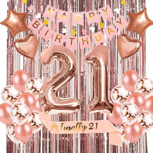 21st Birthday Decorations Party Supplies Kit for Her - Finally 21st Birthday Sash, Happy Birthday Banner, Number 21 Birthday Balloons, Rose Gold Curtain,Confetti Balloons, Heart & Star Foil Balloon, Latex Balloons