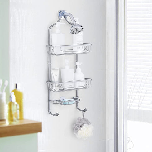 Hanging Shower Caddy, Maxdoux Bathroom Storage Rack Over Shower Head Aluminum 100% Anti-Rust Shower Organizer With Basket for Soap and 2 Hooks, Extra Wide Shower Storage for Shampoo, Conditioner, Gray