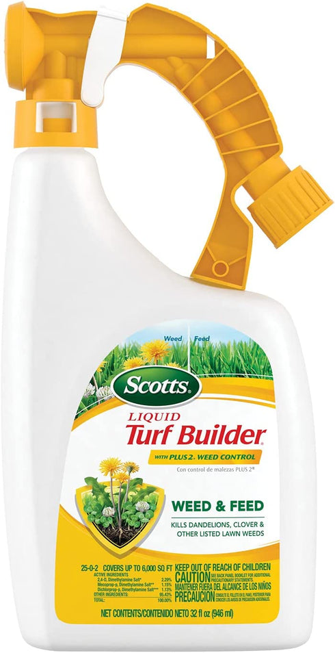 Scotts Liquid Turf Builder with Plus 2 Weed Control Fertilizer, 32 fl. oz. - Weed and Feed - Kills Dandelions, Clover and Other Listed Lawn Weeds - Covers up to 6,000 sq. ft.