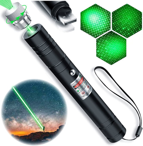 Cyahvtl Green Laser Pointer, 2000 Metres Long Range High Power Handheld Flashlight, Rechargeable Laser Pointer for USB, with Star Cap Adjustable Focus Suitable for Projecto