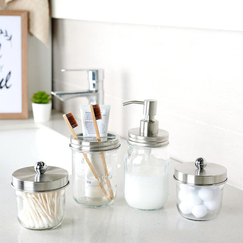 Amolliar Mason Jar Bathroom Accessories Set(4 Pack) - Lotion Soap Dispenser&Qtip Holder Set&Toothbrush Holder-Rustic Farmhouse Decor Apothecary Jar Bathroom Countertop,Vanity Organize (Brushed Nickel)