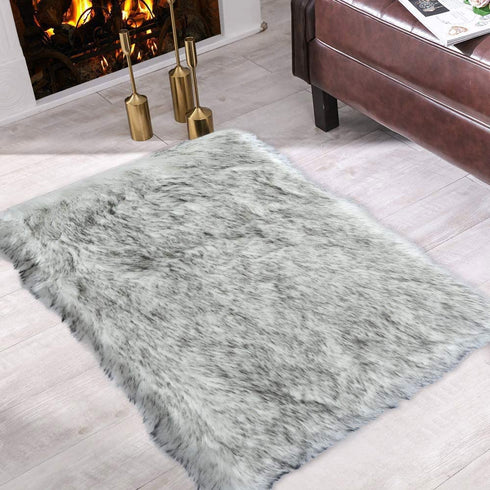 Carvapet Fluffy Shaggy Soft Faux Sheepskin Fur Area Rugs Floor Mat Chair Sofa Cover Beside Carpet for Bedroom Living Room 2x3 ft Rectangle, White with Black Tips