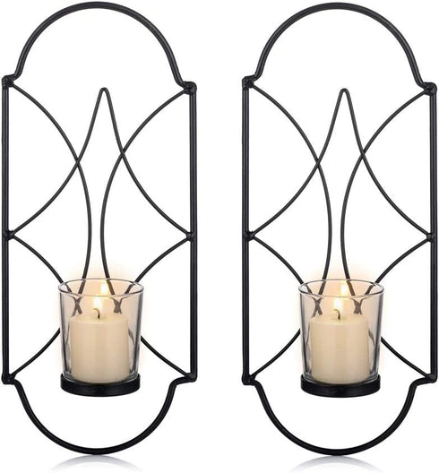 Sziqiqi Metal Wall Sconce Candle Holder Decor Set of 2 Wall Mounted Candle Sconces Holders with Glass, Candle Sconces Holder for Wall, Home Wall Art for Living Room Fireplace Yard Pathway, Black