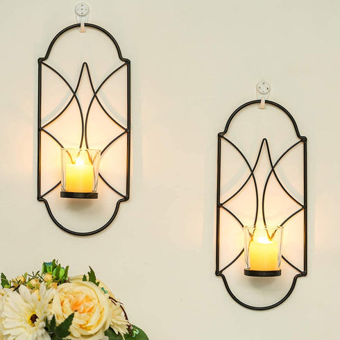 Sziqiqi Metal Wall Sconce Candle Holder Decor Set of 2 Wall Mounted Candle Sconces Holders with Glass, Candle Sconces Holder for Wall, Home Wall Art for Living Room Fireplace Yard Pathway, Black