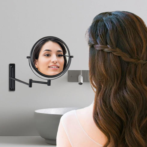 Wall-Mounted Makeup Mirror Black 10 Times Magnification Makeup Mirror can Move up and Down 8 inch Bathroom Double-Sided Makeup Mirror 360 Degree Rotating Telescopic Folding Without Dead Ends