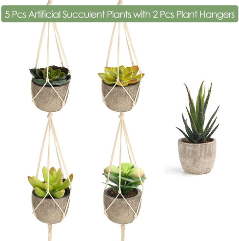 FEPITO 5 Pcs Artificial Succulent Plants with 2 Pcs Plant Hangers?2.4 Mini Faux Succulents Artificial Cactus Aloe Echeveria with Gray Pots Hanging Stems Bulk for Home Indoor Decoration