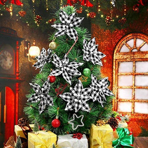 Syhood 12 Pieces Buffalo Plaid Poinsettias Christmas Tree Ornaments Artificial Christmas Flowers with Glitter Powder for Christmas Tree Wreaths Garland Holiday Decorations 6.7 Inch (Black and White)