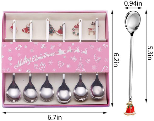 btdeal Christmas Spoons with Gift Box, Stainless Steel Stirring Spoon Tea Spoon Coffee Spoon with Christmas Pendant for Xmas Party Tableware Decor, 6pcs/Set (Silver)