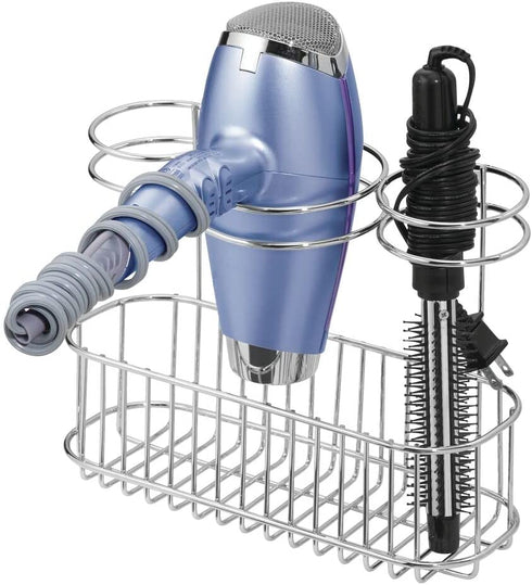 mDesign Bathroom Wall Mount Hair Care & Styling Tool Organizer Storage Basket for Hair Dryer, Flat Iron, Curling Wand, Hair Straighteners, Brushes - Durable Steel Wire in Chrome Finish