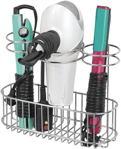 mDesign Bathroom Wall Mount Hair Care & Styling Tool Organizer Storage Basket for Hair Dryer, Flat Iron, Curling Wand, Hair Straighteners, Brushes - Durable Steel Wire in Chrome Finish