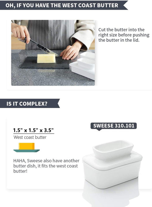 Sweese 309.101 Porcelain Butter Dish with Water - French Butter Keeper Crock - Perfect for East Coast Butter - Spreadable without Refrigeration, White