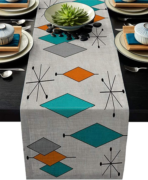 Vandarllin Cotton Linen Gray Table Runner Dresser Scarves Retro Modern Mid Century Geometric Non-Slip Burlap Rectangle Table Setting Decor for Wedding Party Holiday Dinner Home (13x70 inches Long)