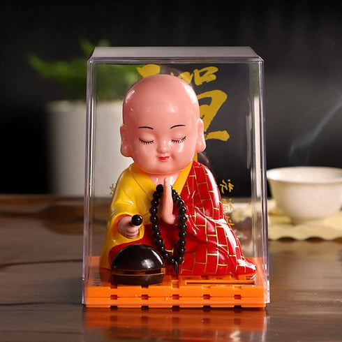 FAVOMOTO Little Monk Figurine Solar Head Toys Funny Car Shaking Head Toy Chinese Little Buddha Monk Statue Car Dashboard Ornament Home Decorations