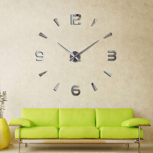 Large DIY Frameless Wall Clock 3D Wall Clock with Mirror Number Stickers for Home Office Decorations (Silver)