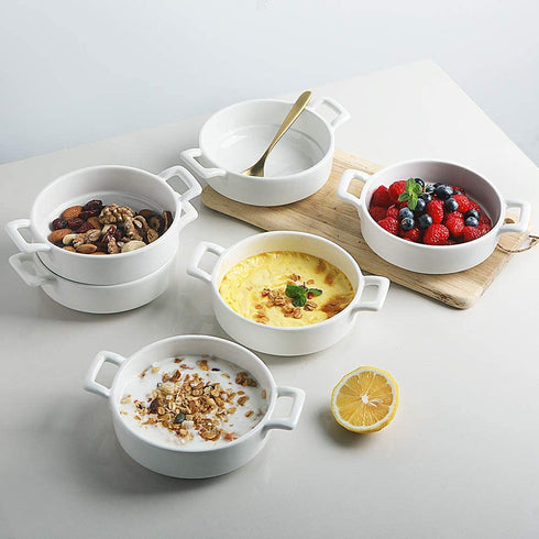 SWEEJAR Porcelain 10 Ounce Ramekins, Round Double Handle Souffle Dishes for Baking, Creme Brulee, Ice Cream, Pudding - Set of 6(White)