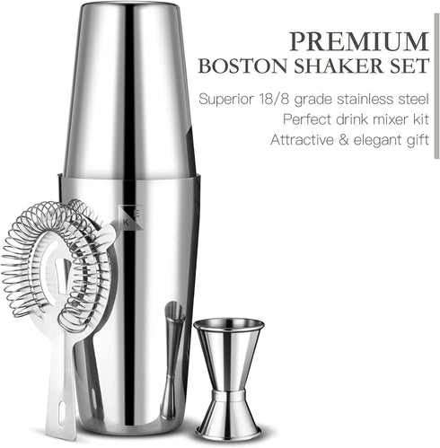 KITESSENSU Cocktail Shaker Set, 4-Piece Boston Shaker Cocktail Set Bartending Kit with 20oz & 25oz Drink Shaker Tins, Hawthorne Strainer, Double Measuring Jigger, Recipes Booklet Included