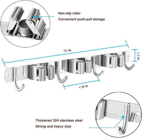 Nlmyt 2Pcs Broom Holder Wall Mount, Broom Organizer Wall Mount, Stainless Steel Mop Holder, Broom Hanger, Heavy Duty Broom Rack for Home, Garage, Garden, Laundry Room (3 Racks 4 Hooks)