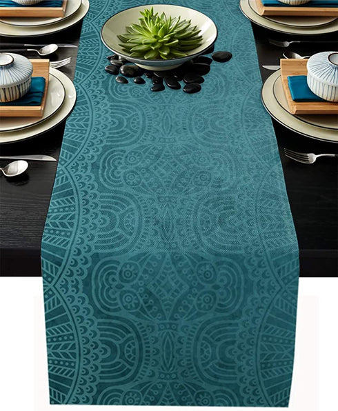 Aqua Teal Mandala Floral Table Runner Dresser Scarves,Linen Burlap Table Runners Cloth for Dinner Holiday Party, Kitchen Decor Indian Boho Ethnic Style 13x90inch