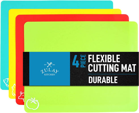 Zulay Kitchen Plastic Cutting Boards for Kitchen - Quality Thin Cutting Mat Set 4 Color - Flexible & Perfect for Chopping Meats, Vegetables, Beef, Fish, Chicken - Food Icons - Extra Large