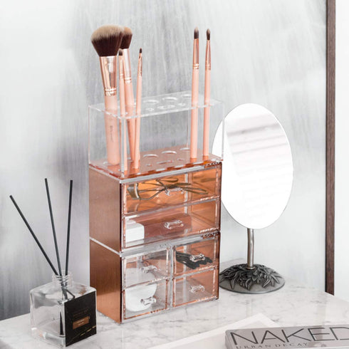 Moosy Life Rose Gold Desktop Organizer with Drawers, 2 Spaces, Acrylic, Moonlight Series