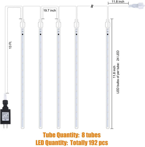 Meteor Shower Lights Outdoor, 11.8 Inch 8 Tubes 192 LED Snowfall Lights, Waterproof Meteor Christmas Lights, Hanging Falling Rain Lights for Tree Bushes Holiday Party Christmas Decoration, Blue