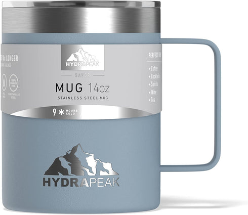 Hydrapeak 14oz Insulated Coffee Mug with Handle, Stainless Steel Double Walled Travel Coffee Cup | 3 Hours Hot / 9 Hours Cold, Spill-Proof Mug with Sliding Lid (Storm)