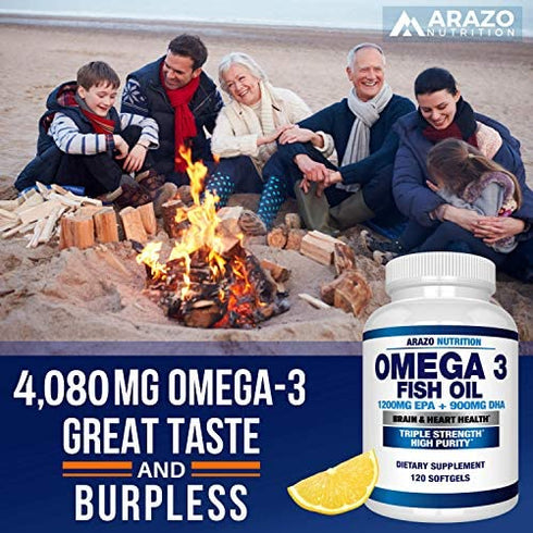 Omega 3 Fish Oil 4,080mg - High EPA 1200mg + DHA 900mg Triple Strength Burpless Softgels - Arazo Nutrition (120 Soft Gels)