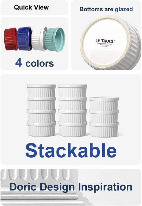 LE TAUCI 8 Oz Ramekins, Creme Brulee Dishes, Porcelain Ramekin Set for Souffle, Dipping Sauces, Pudding, Set of 6, White