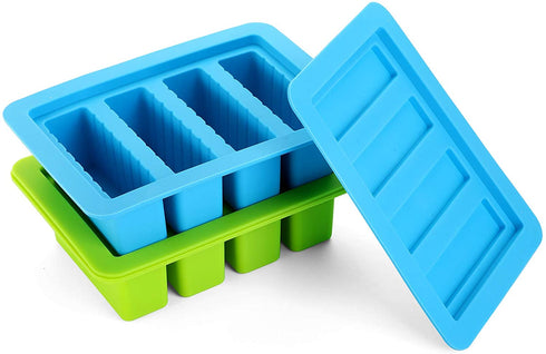 Suwimut 2 Pack Silicone Butter Mold Tray, Butter Maker with Lid Storage Jar, Large 4 Cavities Rectangle Butter Container for Butter, Energy Bar, Soap Bar, Muffin, Brownie, Pudding (Blue, Green)