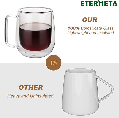 12 oz Double Walled Glass Coffee Mugs with Handle, Thermal Insulated and No Condensation Clear Coffee Mug, Glass Cups for Americano, Latte, Espresso, Cappuccinos Beverage and Tea