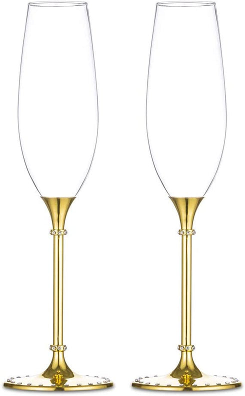Gold Creative Set Champagne Flutes - Wedding Glasses for Bride & Groom - Toasting Cups Gift Sets for Couples - Engagement, Wedding, Anniversary, House Warming