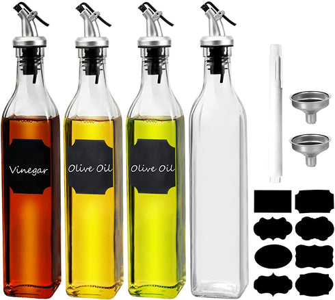 Oil Dispenser Bottle 4 Pack , WERTIOO 17 OZ Glass Olive Oil and Vinegar Dispenser Set Oil Container with Funnel & Pen and Tag for Kitchen