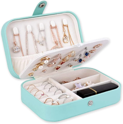 Luxurious Jewelry Organizer Box, Small Portable PU Leather Case Double Layer Display Mini Travel Storage Holder for Women Girls Gifts Necklaces Earrings Rings Bracelets (Blue)
