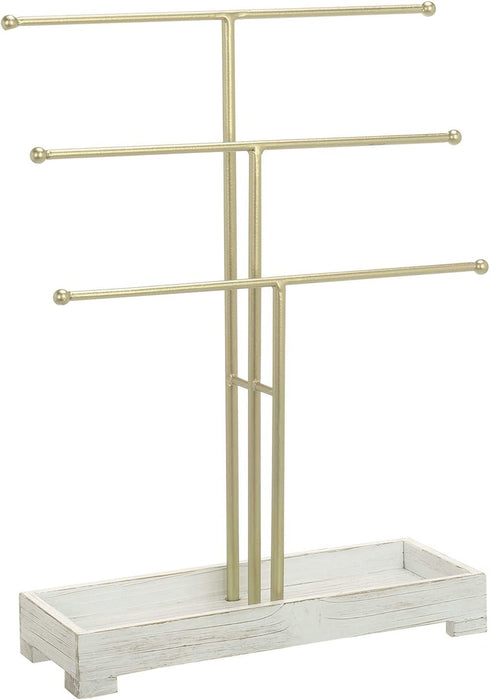 MyGift 3-Tier Gold Metal Jewelry Organizer Stand, Necklace and Bracelet Hanging Bar with Vintage White Wood Ring Tray