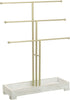 MyGift 3-Tier Gold Metal Jewelry Organizer Stand, Necklace and Bracelet Hanging Bar with Vintage White Wood Ring Tray