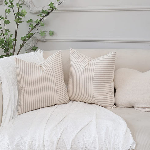 Hckot Khaki and Beige Patchwork Farmhouse Throw Pillow Covers 20 x 20 Inch, Pack of 2 Striped Linen Decorative Pillow Case for Sofa Couch Chair Bedroom Modern Decor (20" x 20", Khaki)
