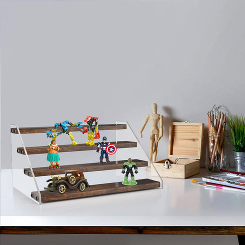 Bcozlux Wood Display Stand, 4 Tier Clear Acrylic Display Shelf Riser Organizer for Vendors, Pop Figures, Cupcakes, Collectibles Storage, Rustic Brown and Black