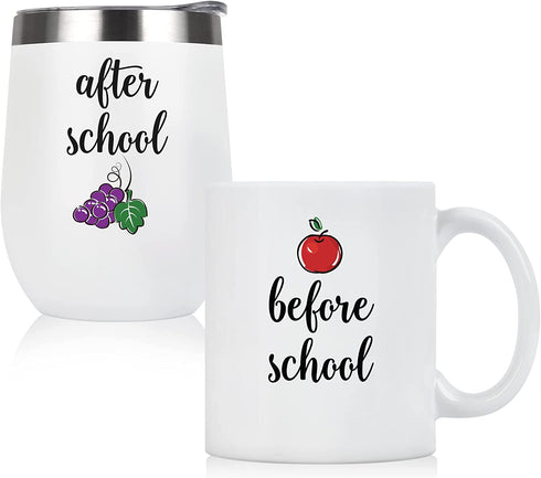 Teacher Gift, Before School After School Teacher Coffee Mug and Wine Tumbler Set, Thank You Appreciation Gift for Teacher Professor Teaching Assistant, 12 Oz Stainless Steel Tumbler 11 Oz Coffee Mug