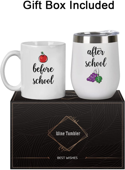 Teacher Gift, Before School After School Teacher Coffee Mug and Wine Tumbler Set, Thank You Appreciation Gift for Teacher Professor Teaching Assistant, 12 Oz Stainless Steel Tumbler 11 Oz Coffee Mug