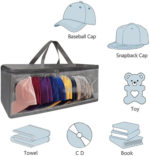 2 Pack Hat Organizer for Closet, 8.6" Width Widened Design, Large Hat Box, Baseball Cap Storage Bag with Carrying Handles & Lid, Solid Structure with Plastic Boards (Dark Gray)