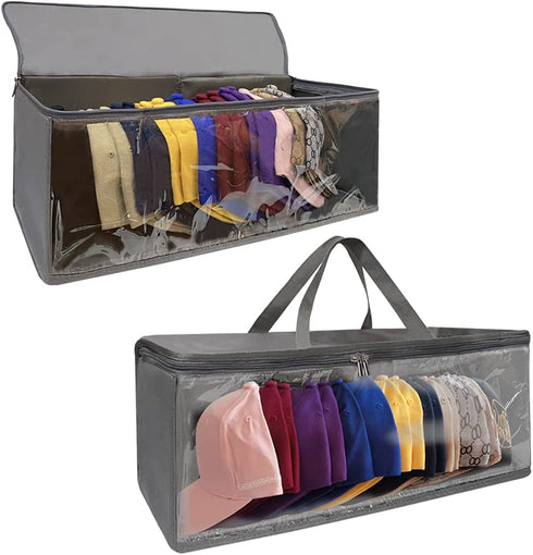 2 Pack Hat Organizer for Closet, 8.6" Width Widened Design, Large Hat Box, Baseball Cap Storage Bag with Carrying Handles & Lid, Solid Structure with Plastic Boards (Dark Gray)