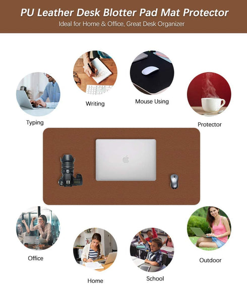 Office Desk Pad Protector Mouse Pad 17 X 34 Inch Desk Blotter Pad on Top of Writing Desks Waterproof PU Leather Desk Mat Desktop Accessory Organizer for Computer Laptop Keyboard Dual-Sided Brown/Blue