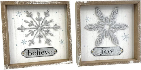 Heyaner Christmas Decorations for Home Snowflake Believe Joy Table Decor Wooden Rustic Farmhouse Block 2Pack 7 x 7 Inches Winter Holidays Sign for Party Coffee Table