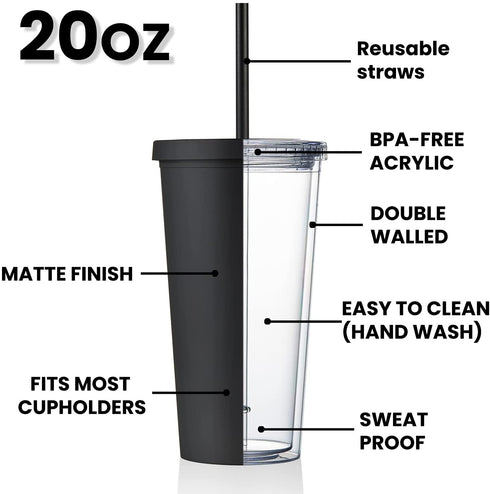 MEWAY 20oz Pastel Colored Acrylic Cups with Lids and Straws,Tumblers with Lids?Double Wall Matte Reusable Plastic Bulk,for Parties, Birthdays, home,Customization?DIY Gifts(2Black/2Navy, 4 PACK)